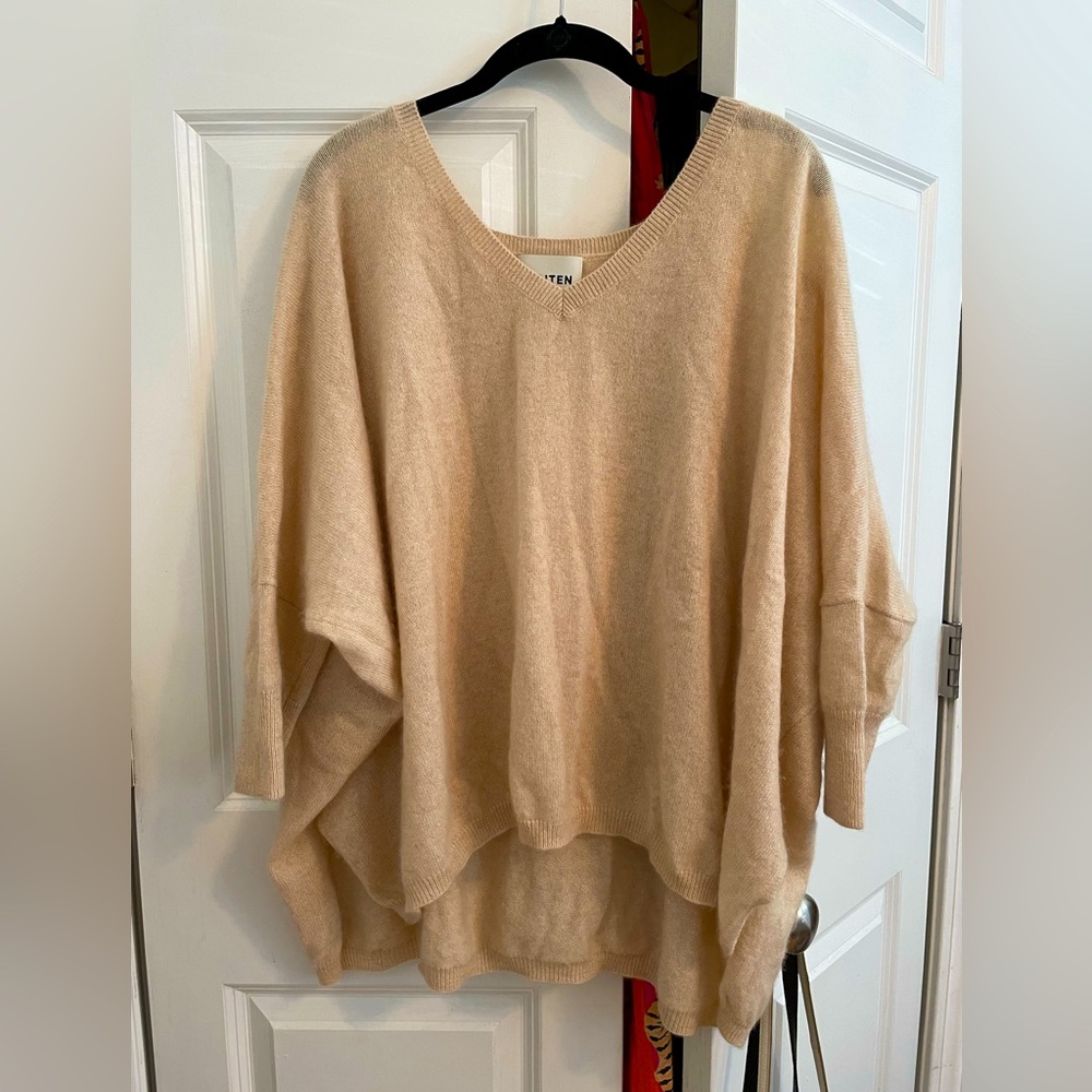 Kujten Paris Cashmere Drapey Drop Sleeve V-Neck Sweater